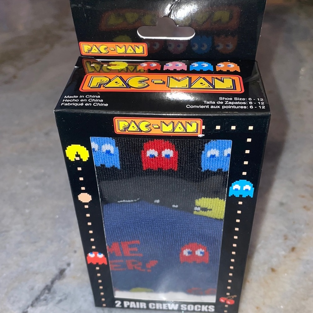 Mens Gamer PAC-MAN Arcade Crew Socks 2 Pairs Novelty Design 80s Game New